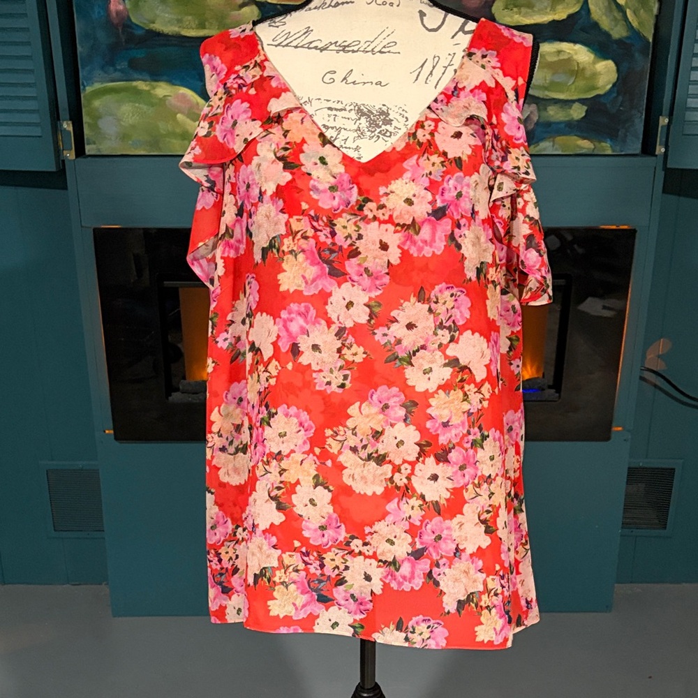 CAbi Lush Floral Ruffle Blouse in Red and Pink